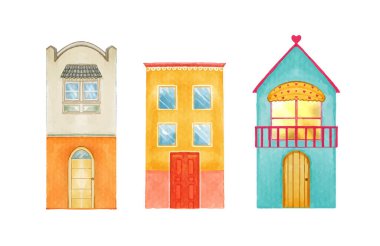 Bir dizi şirin ev el yapımı binalar suluboya vektör çizimleri