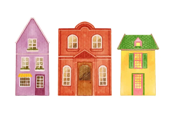 Set Cute Houses Hand Drawn Buildings Watercolor Vector Illustration — Stock Vector