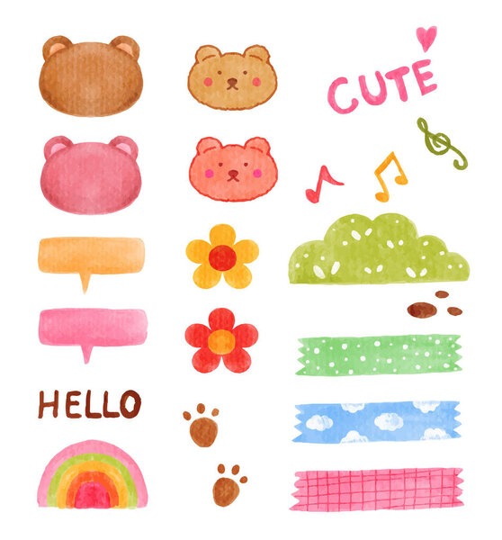 Set of cute watercolor sticky and memo label elements vector illustration