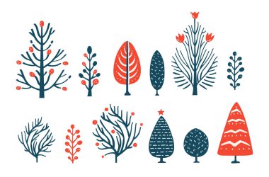 Soyut asgari ağaç elementleri vektör illüstrasyonu kümesi