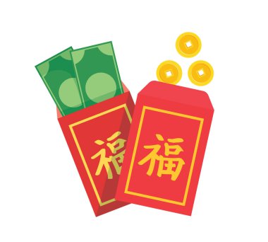 Angpao. Kırmızı zarf ve altın parayla Çin yeni yılı