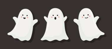 Siyah arka planda şirin bir Cadılar Bayramı Hayaleti. vektör illüstrasyonu