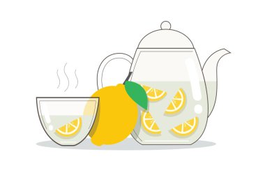 Taze limon vektör illüstrasyonlu sıcak limon çayı