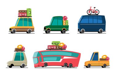 Tatil Araçları Yaz Yolculuğu Araba Koleksiyonu Vektör İllüstrasyonu