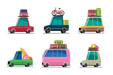 Tatil Araçları Yaz Yolculuğu Araba Koleksiyonu Vektör İllüstrasyonu