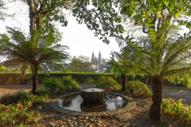 Santiago de Compostela Katedrali manzaralı yeşil bahçe çeşmesi, Galiçya, İspanya.