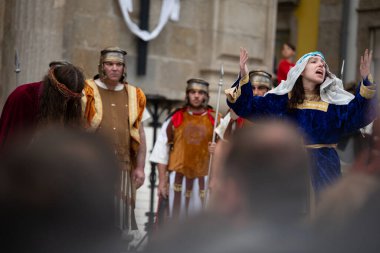 19 Nisan 2019: Portekiz, Braga 'da Kutsal Hafta boyunca İsa' nın Tutkusu 'nun tiyatro gösterisi.