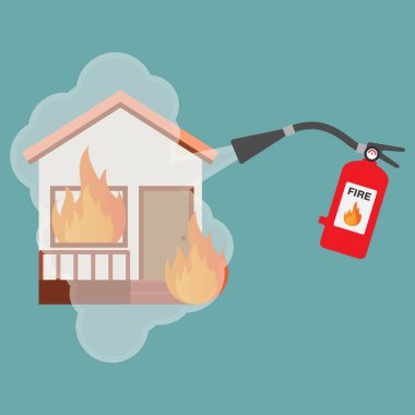 Ev yangını, yangın söndürücüyle yangın söndürme, düz dizayn vektör çizimi.
