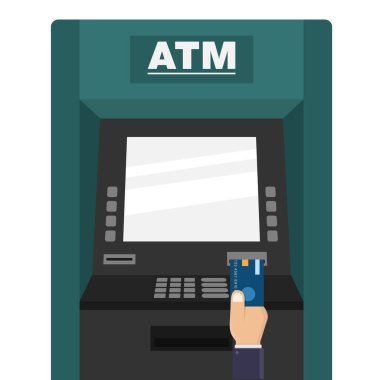 El ele tutuşma ATM kartı ve beyaz arka planda ATM içine koymak düz tasarım vektör illüstrasyon