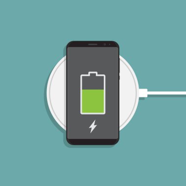 Pil bildirimli kablosuz şarj ve akıllı telefon, düz tasarım vektör çizimi