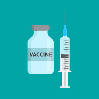 Aşı şişesi ve şırınga, düz dizayn vektör çizimi