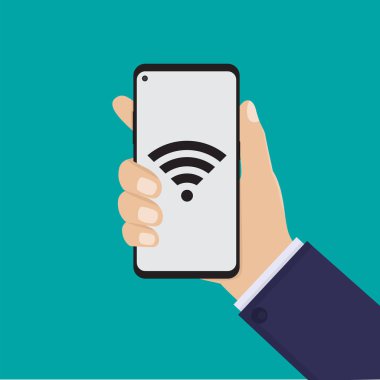 Akıllı telefon ve kablosuz ağ simgesi, düz tasarım vektör çizimi