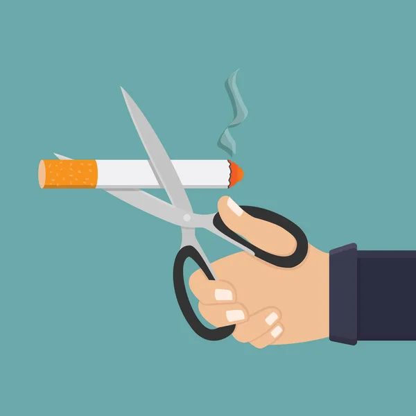 Hand Halten Schere Und Schnitt Zigarette Flache Design Vektor Illustration — Stockvektor