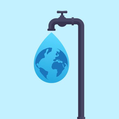 Su kavramını, musluğu, su damlasını, dünya haritasını, düz tasarım vektör illüstrasyonunu kaydet