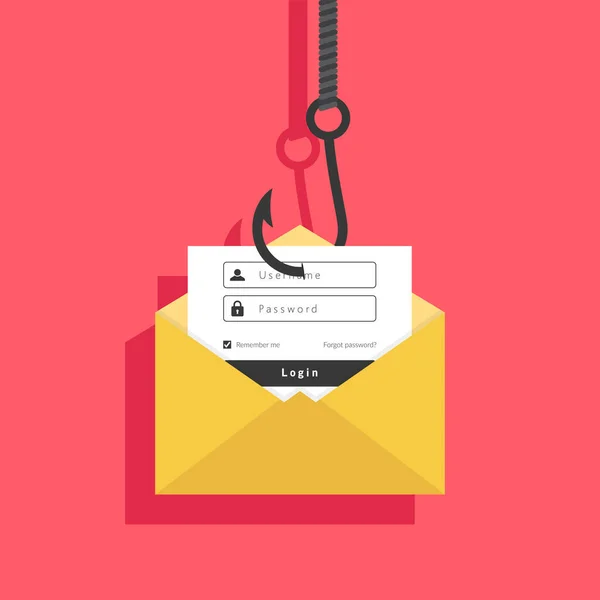 Internet Criminaliteit Phishing Teken Rekening Vishaak Mail Flat Design Illustratie — Stockvector