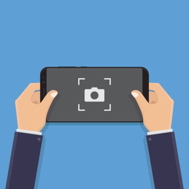 El ele tutuşan akıllı telefon, fotoğraf çeken, düz tasarım vektör çizimi