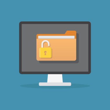 Mavi arkaplan düz tasarım vektör illüstrasyonlu bir bilgisayardaki dizin dosyalarının kilidini aç