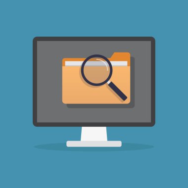 Mavi arkaplan düz tasarım vektör illüstrasyonlu bir bilgisayarda dizin dosyalarını ara