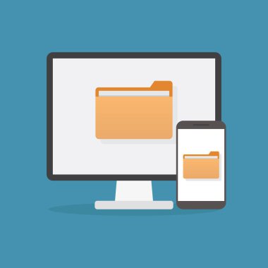 Dizin dosyaları bilgisayar ve mavi arkaplan düz tasarım vektör illüstrasyonlu akıllı telefon