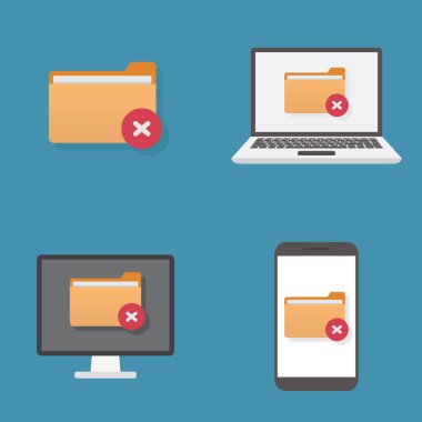 Dizin dosyalarını bir bilgisayardan, akıllı telefondan, mavi arkaplan düz tasarım vektör illüstrasyonlu dizüstü bilgisayardan sil