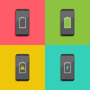 Akıllı telefon pili bildirim, pil boş, tam, hasarlı, şarj, düz tasarım vektör çizimi