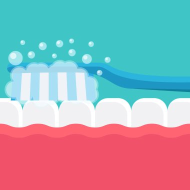 Diş bakımı, dişlerinizi fırçalama, dişlerinizi ve ağzınızı turkuaz renk arka plan düz tasarım çizimi ile fırçalama