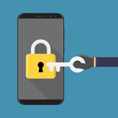 Mavi arkaplan ve düz tasarım vektör illüstrasyonlu akıllı telefondan veri çal