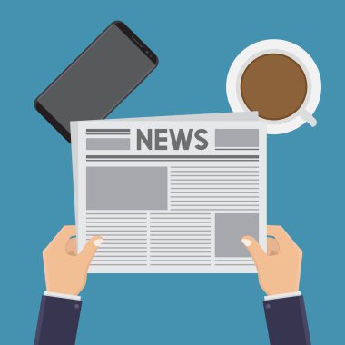 Elinde gazete tutan, gazete okuyan, kahve içen ve mavi arka plan düz tasarım çizimi olan akıllı telefonlar.