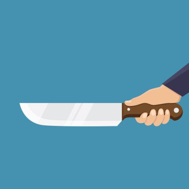 Mavi arka plan düz tasarım vektör illüstrasyonlu bir bıçağı tutan el.
