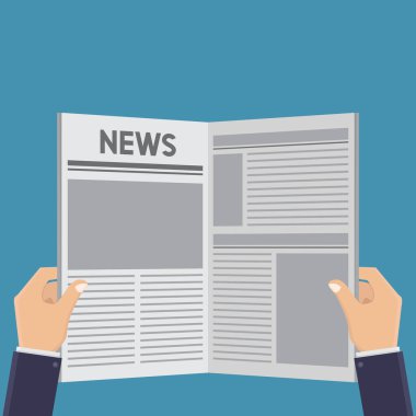 Eller gazeteleri tutuyor, mavi arka plan düz tasarım vektör illüstrasyonlu haberler okuyor.