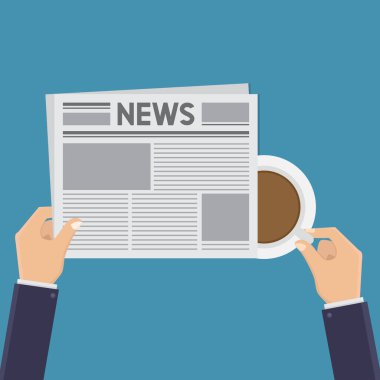 Elinde gazete tutan, gazete okuyan, mavi arka planda düz tasarım vektör resimli kahve.