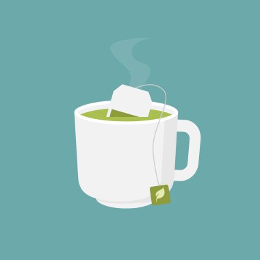 Çay poşeti yeşil çay, sıcak çay poşeti yeşil çay ve fincan, düz tasarım vektör çizimi
