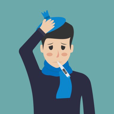 Buz torbası ve termometre kullanan hasta adam, düz tasarım vektör çizimi