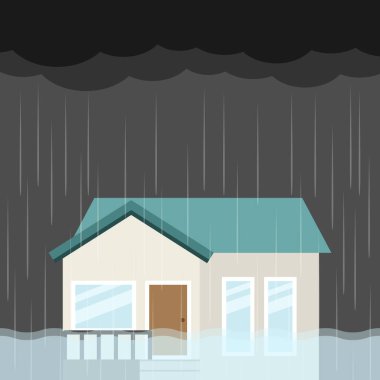Yağmur, ev ve sel felaketi düz tasarım vektör çizimi