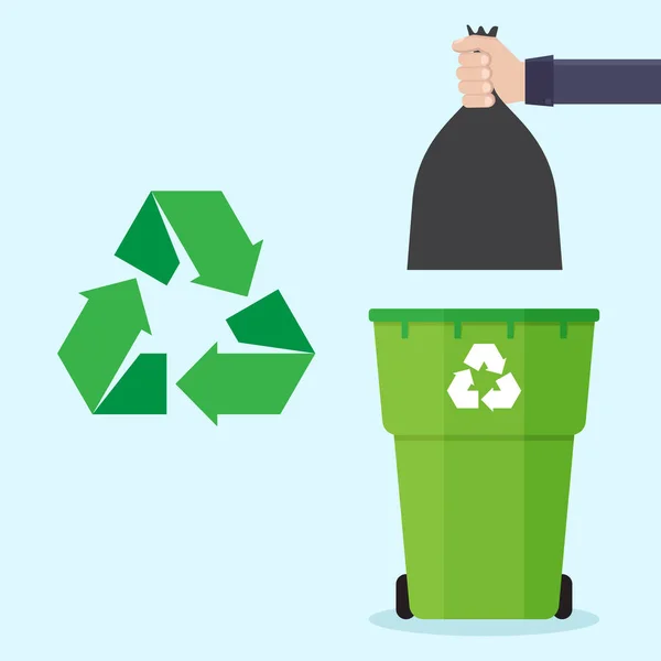 ゴミ袋やゴミ箱を持つ手 リサイクルアイコン 青の背景を持つ — ストックベクタ