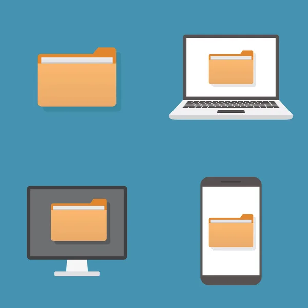 Folder files on a computer, smart phone, laptop with a blue background flat design vector illustration