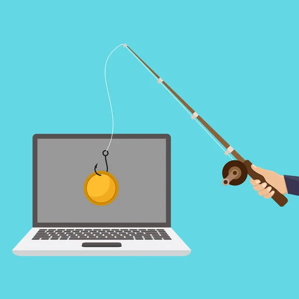 Hands Holding Fishing Rod Internet Money Crime Phishing Laptop Fishing — Vector de stock