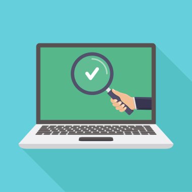 İş adamı elinde büyüteç, dizüstü bilgisayar, işaret, düz tasarım vektör çizimi