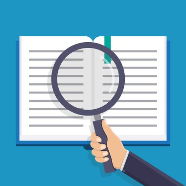 Kitaba bakıyorum, iş adamı bir büyüteç tutuyor, kitap, düz tasarım vektör çizimi