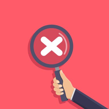 Bir büyüteç tutan iş kolu, hata işareti, düz tasarım vektör çizimi