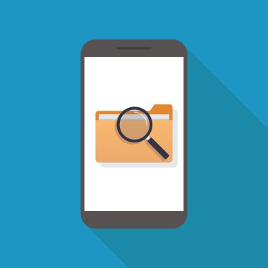 Dosya, akıllı telefon, dosya, büyüteç, düz tasarım vektör çizimi aranıyor