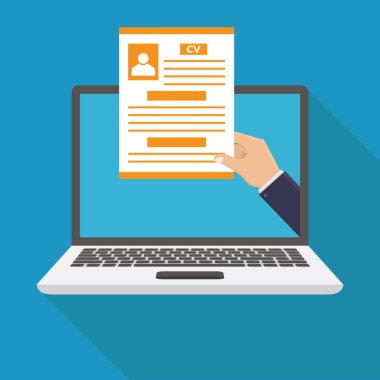 Yeni çalışanlar aranıyor, müfredatta vitae, özgeçmiş, dizüstü bilgisayar, düz tasarım vektör çizimi