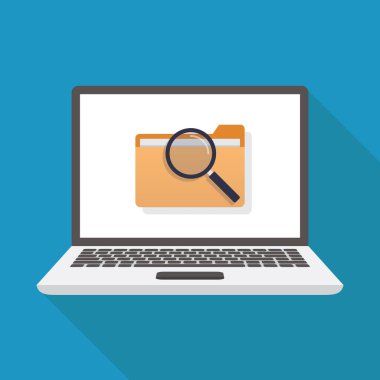 Dosya, dizüstü bilgisayar, dosya, büyüteç, düz tasarım vektör illüstrasyonu aranıyor