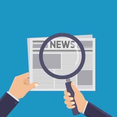 Haber arayışı, bir büyüteç ve gazete tutan iş adamı, düz tasarım vektör çizimi