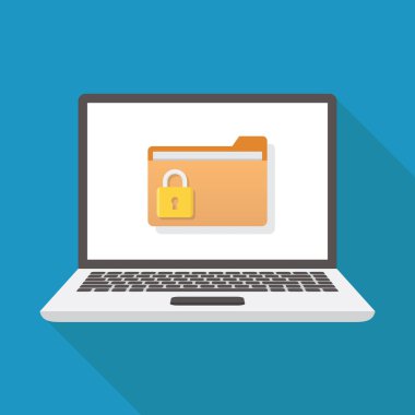 Dosya, dizüstü bilgisayar, dosya, asma kilit, düz tasarım vektör çizimi