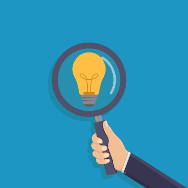 Fikir arıyorum, iş adamı bir büyüteç tutuyor, ampul, düz tasarım vektör çizimi