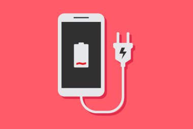 Charging a smartphone battery, smartphone and a power jack with red background, flat design style vector illustration