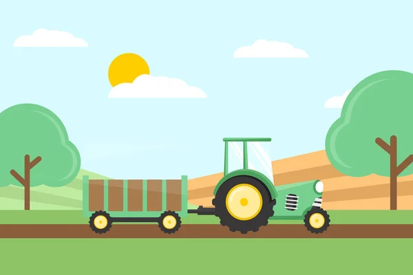 Çiftlik Traktörü Yeşil Tarım Alan Kırsal His Düz Tasarım Vektör — Stok Vektör