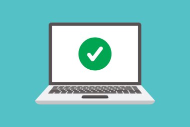 Dizüstü bilgisayar, dizüstü bilgisayar ve kontrol işareti kontrol ediliyor, düz tasarım vektör çizimi