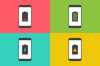 Akıllı telefon pili bildirim vektör simgesi, akıllı telefon ve pil düşük, tam şarj, hasarlı